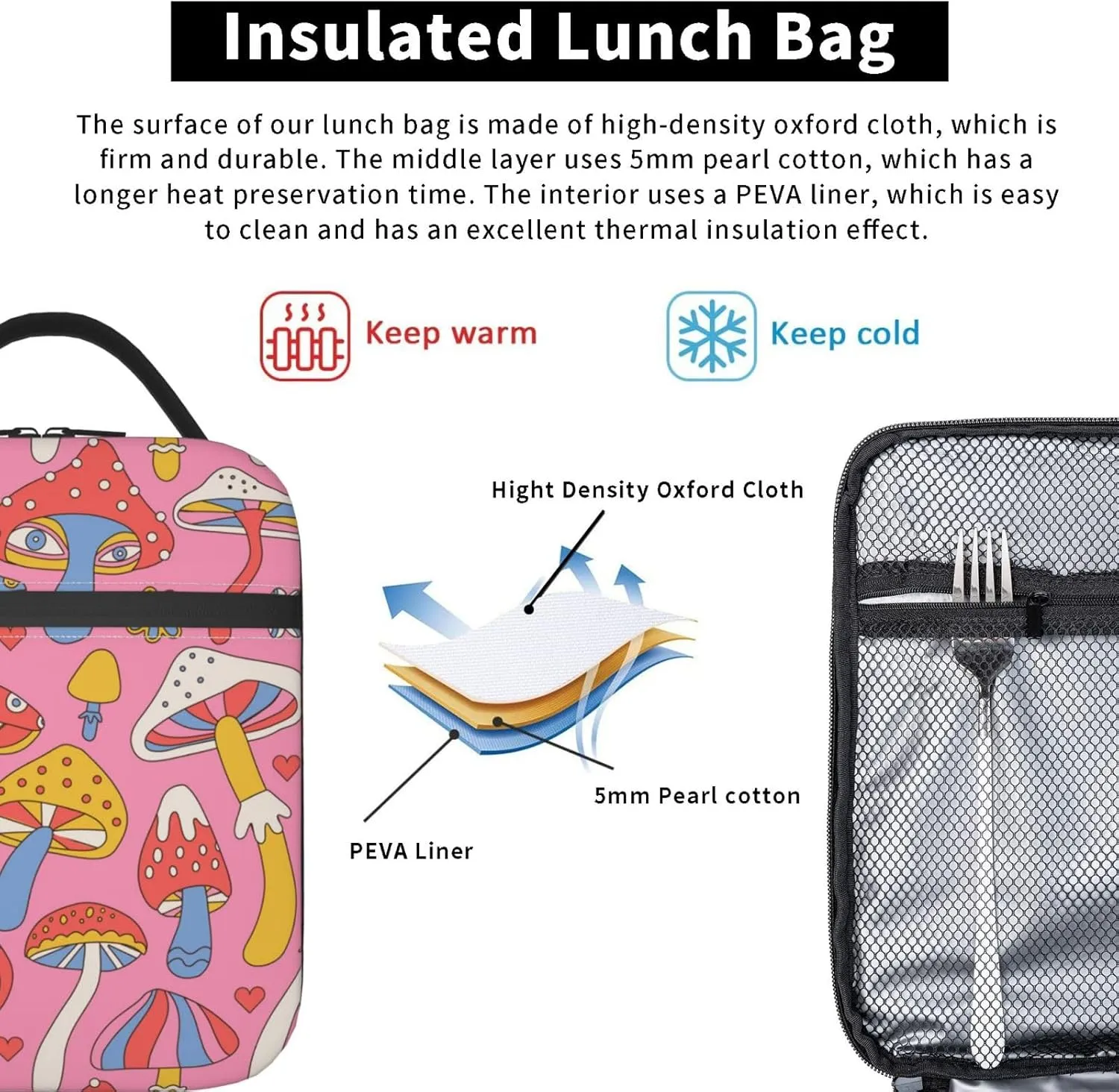 Insulated Mushroom Lunch Box for Women, Kids - Work, Picnic, School, Travel, Hiking, Beach or Fishing - Polyester Magic Lunch Bag