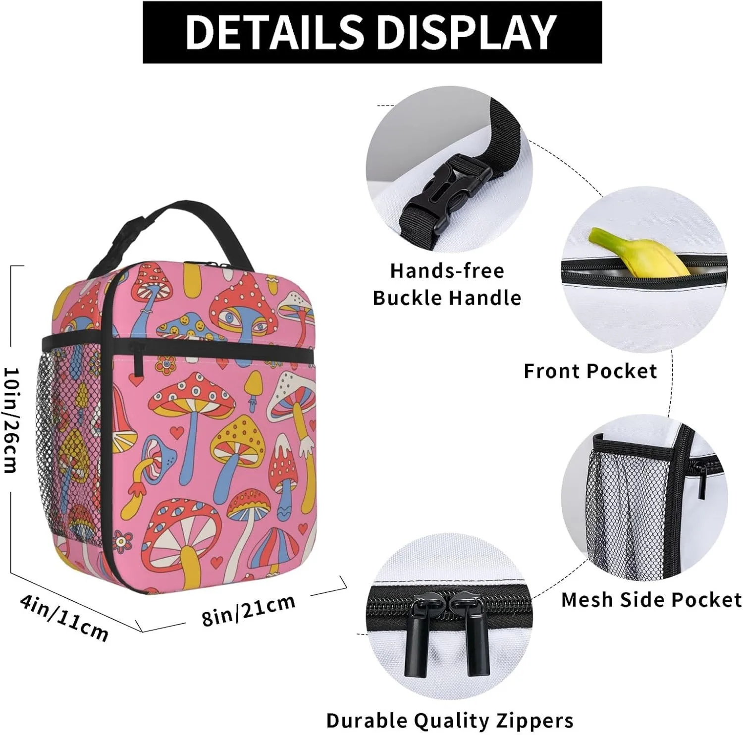 Insulated Mushroom Lunch Box for Women, Kids - Work, Picnic, School, Travel, Hiking, Beach or Fishing - Polyester Magic Lunch Bag