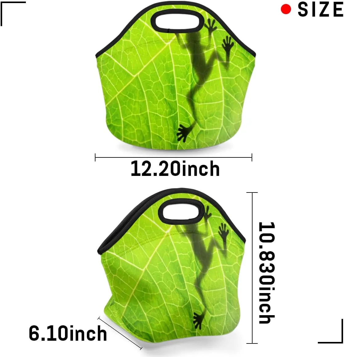 Insulated Neoprene Lunch Bag for Women Men Kids Green Animal Frog Leaf Lunch Box Reusable Small Lunch Tote Bag Cooler Bag for School Work Picnic