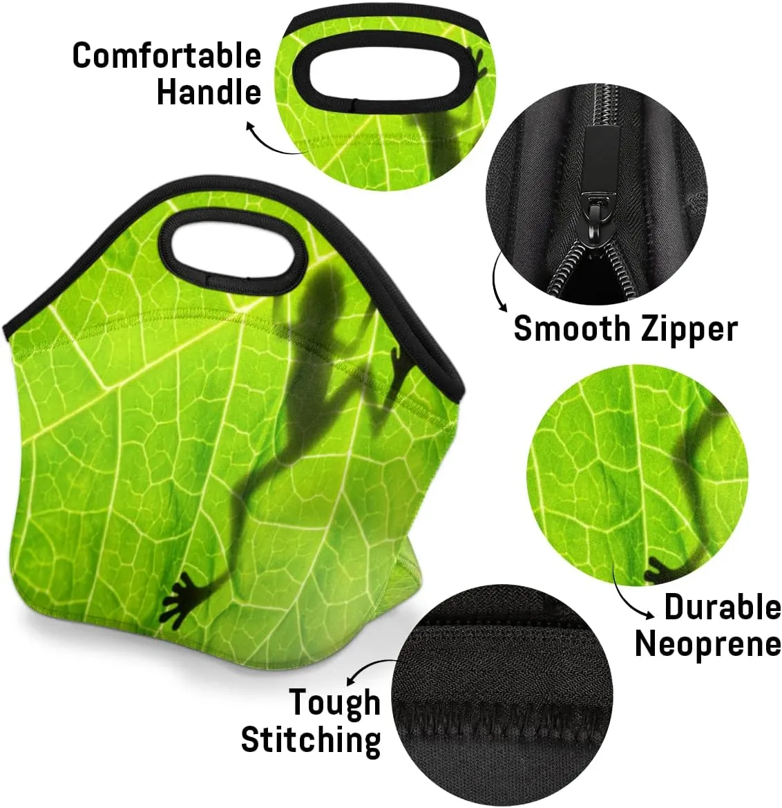 Insulated Neoprene Lunch Bag for Women Men Kids Green Animal Frog Leaf Lunch Box Reusable Small Lunch Tote Bag Cooler Bag for School Work Picnic