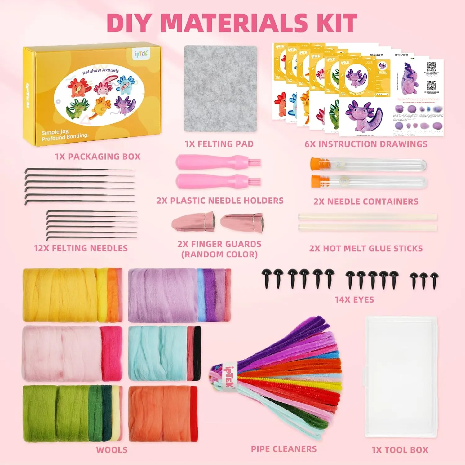 iptek Needle Felting Kit, 6 PCS Farm Animal Needle Felting Beginner Kits, Wool Felt Needle Felting Tools Foam Pad, Craft Party Supplies for Beginners Adult(Axolotl)