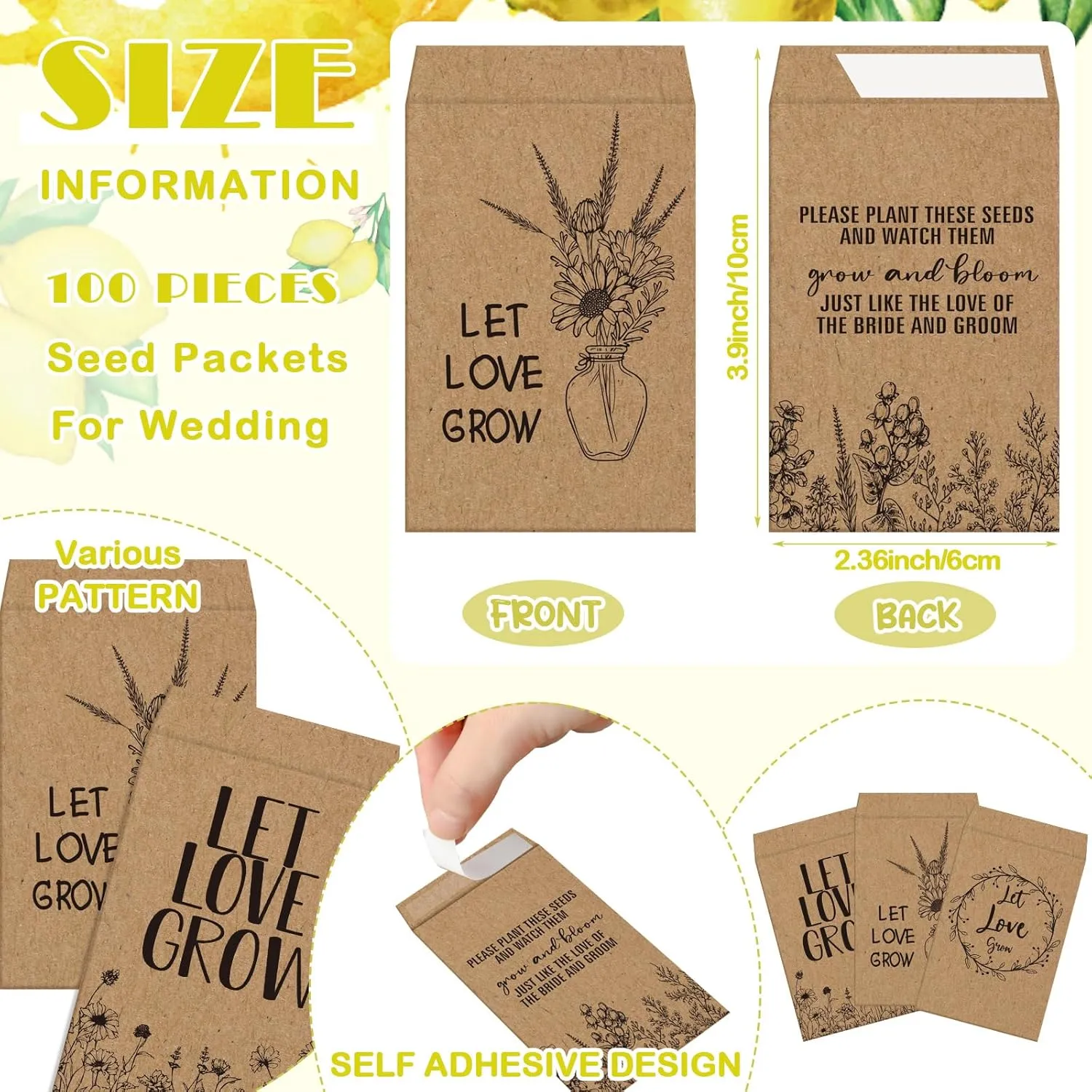 Ireer 301 Pcs Lemon Wedding Favors for Guests Set Include 100 Let Love Grow Seed Packets Self Adhesive Wedding Envelopes 100 Let Love Grow Cards 100 Bags for Guest Bridal Shower