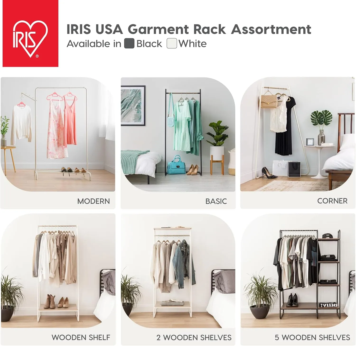 IRIS USA Stylish Corner Clothes Rack for Hanging Clothes, Easy to Assemble, Freestanding Metal Sturdy Garment Rack, Small Space Storage Solution, Modern Versatile Design, Boutique Style, Black