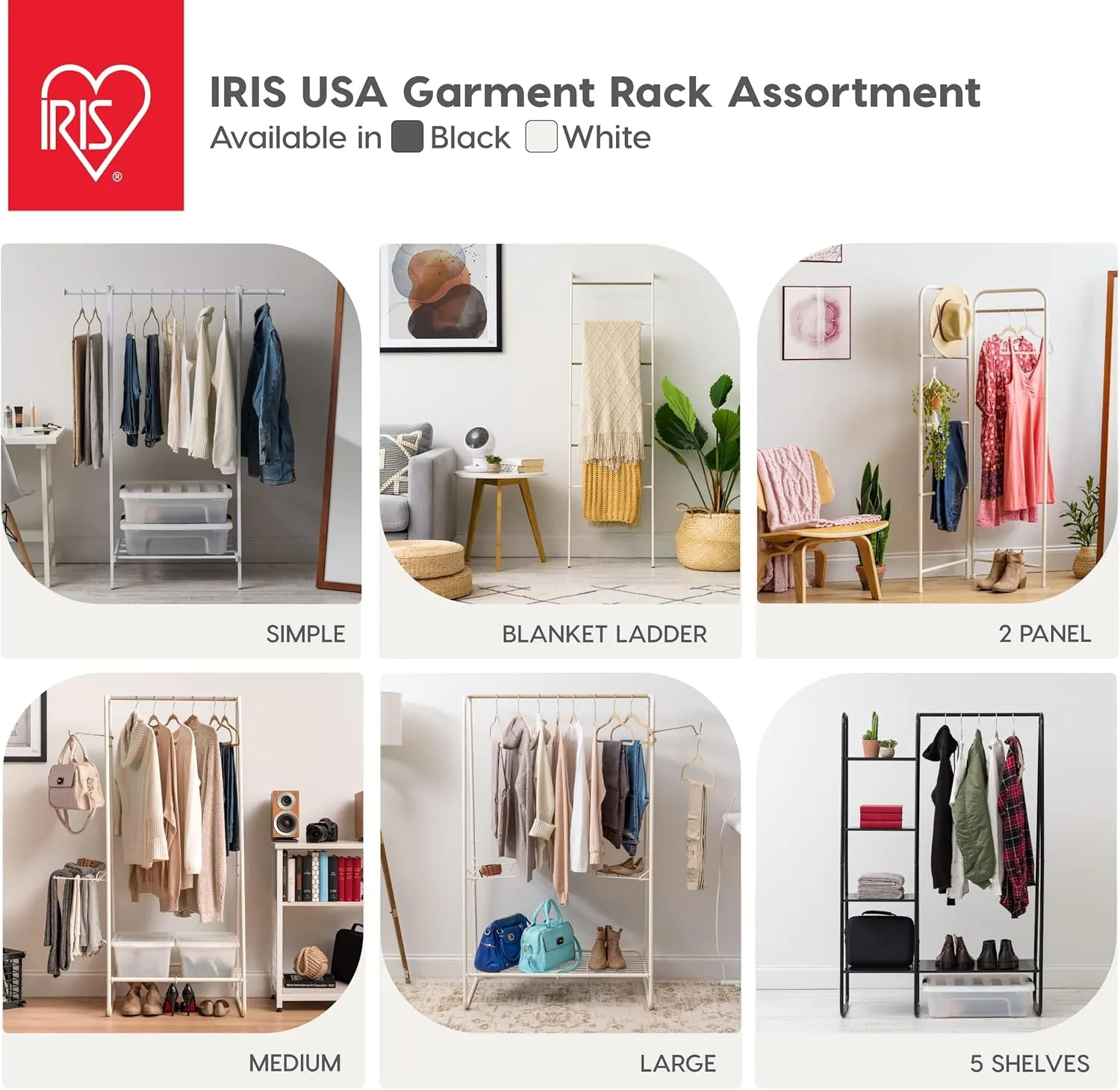 IRIS USA Stylish Corner Clothes Rack for Hanging Clothes, Easy to Assemble, Freestanding Metal Sturdy Garment Rack, Small Space Storage Solution, Modern Versatile Design, Boutique Style, Black