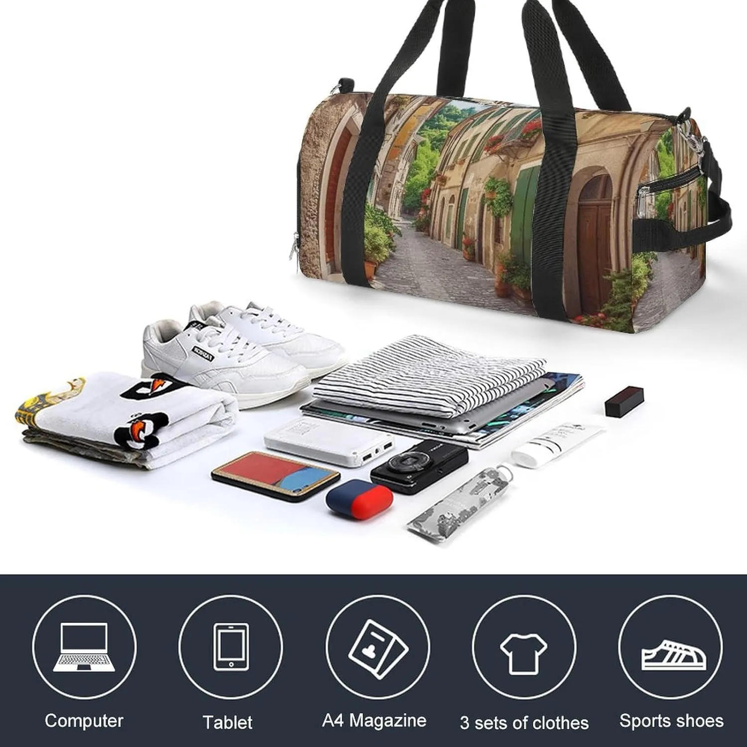 Italy Street Sports Gym Bag Carry on Holdalls for Men Small Duffel Bags for Women with Shoe Compartment