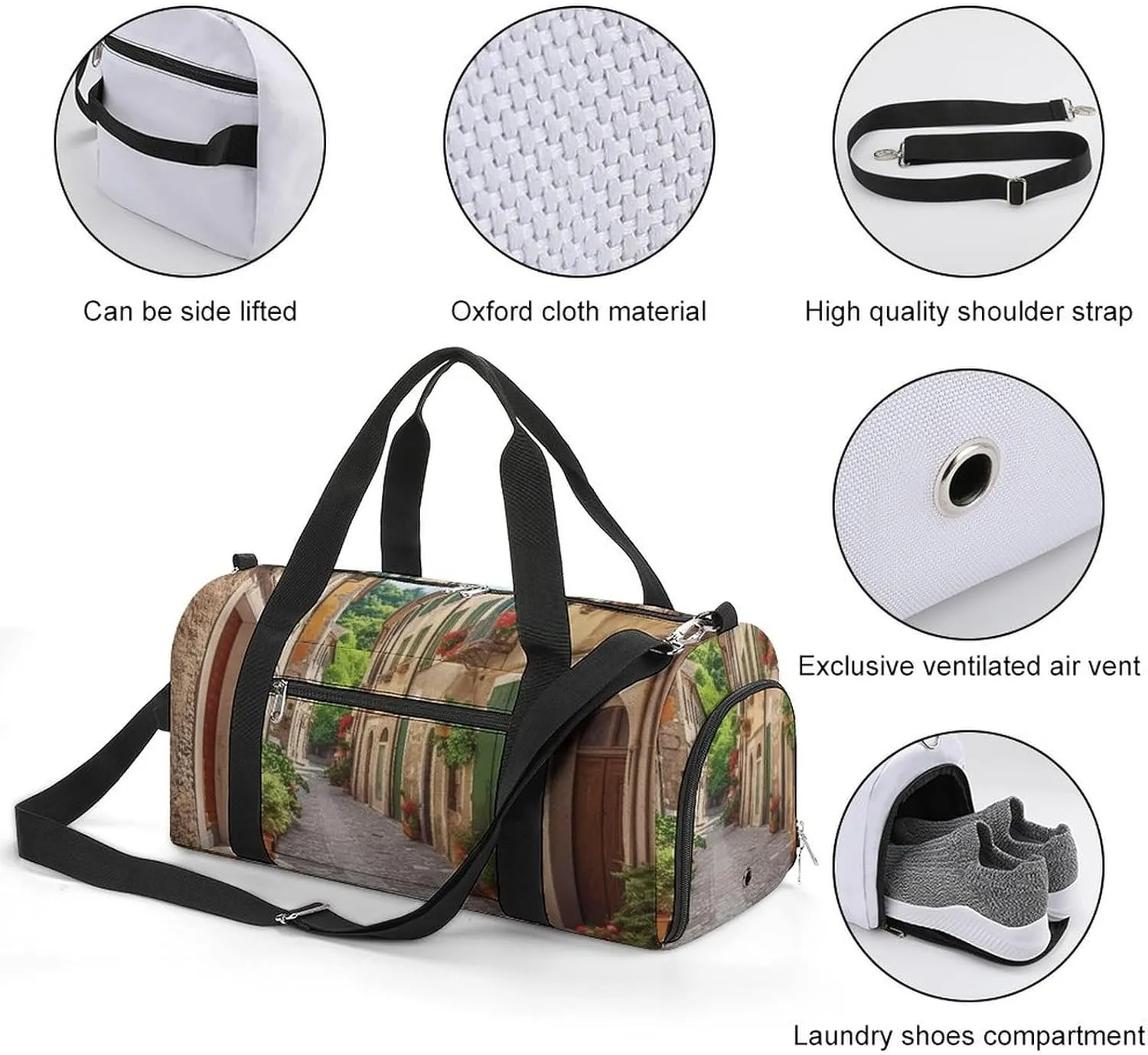 Italy Street Sports Gym Bag Carry on Holdalls for Men Small Duffel Bags for Women with Shoe Compartment