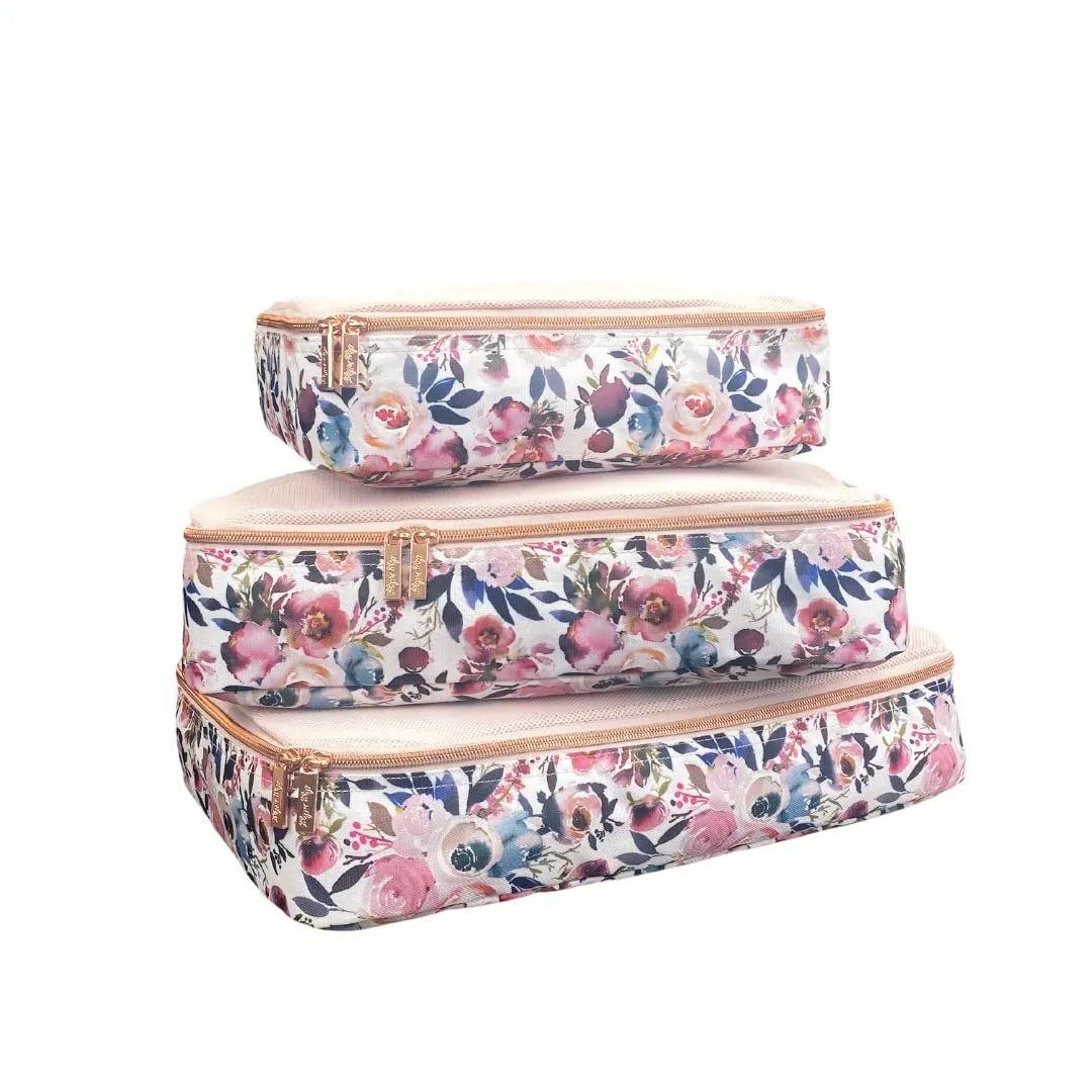 Itzy Ritzy Packing Cubes for Travel – Set of 3 Large Packing Cubes or Travel Organizers; Each Cube Features a Mesh Top, Double Zippers and a Fabric Handle; Large Sizes (Blush Floral)