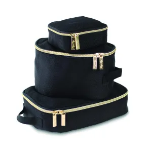 Itzy Ritzy Packing Cubes for Travel – Set of 3 Packing Cubes or Travel Organizers; Each Travel Cube Features a Mesh Top, Double Zippers and a Fabric Handle (Black with Gold Hardware)