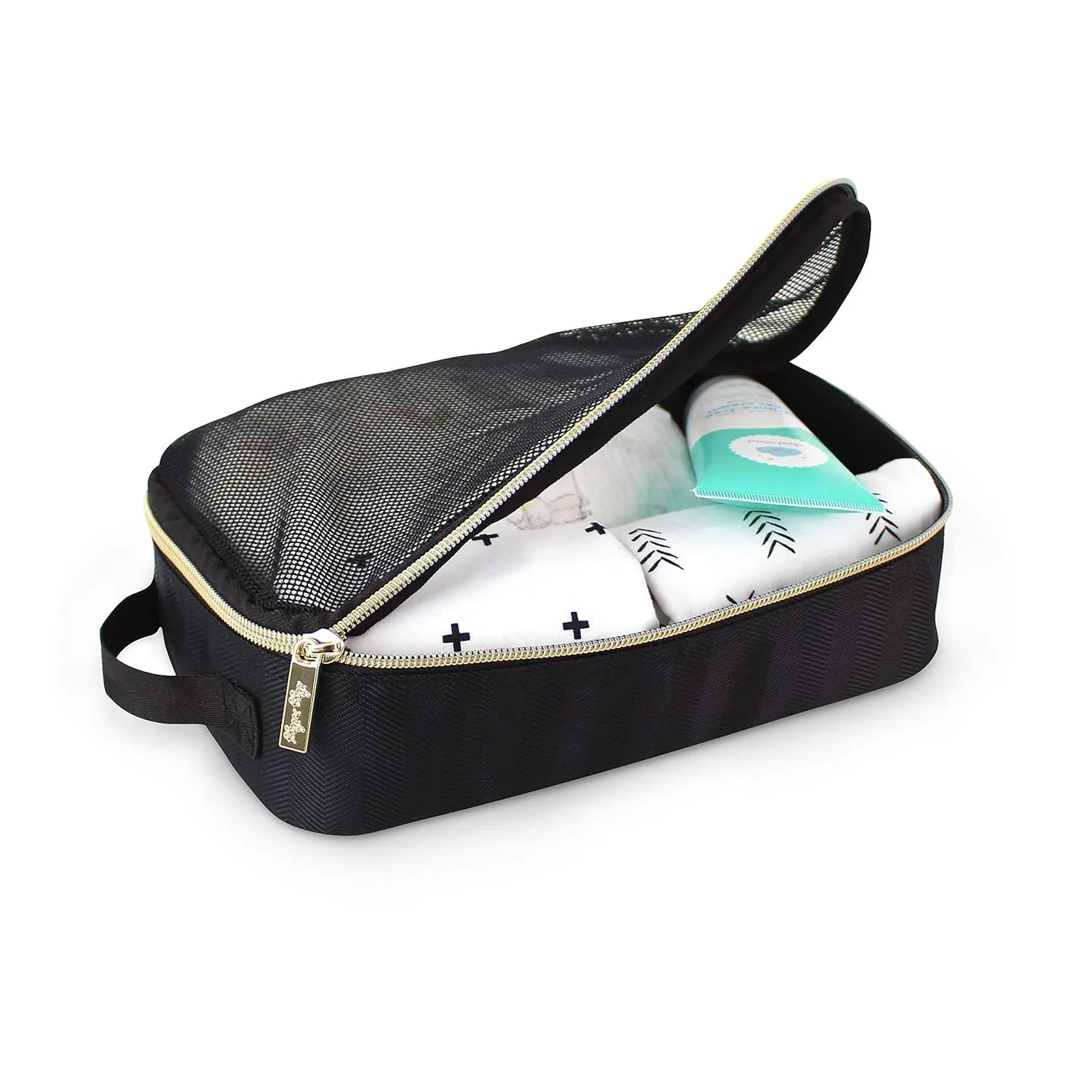 Itzy Ritzy Packing Cubes for Travel – Set of 3 Packing Cubes or Travel Organizers; Each Travel Cube Features a Mesh Top, Double Zippers and a Fabric Handle (Black with Gold Hardware)