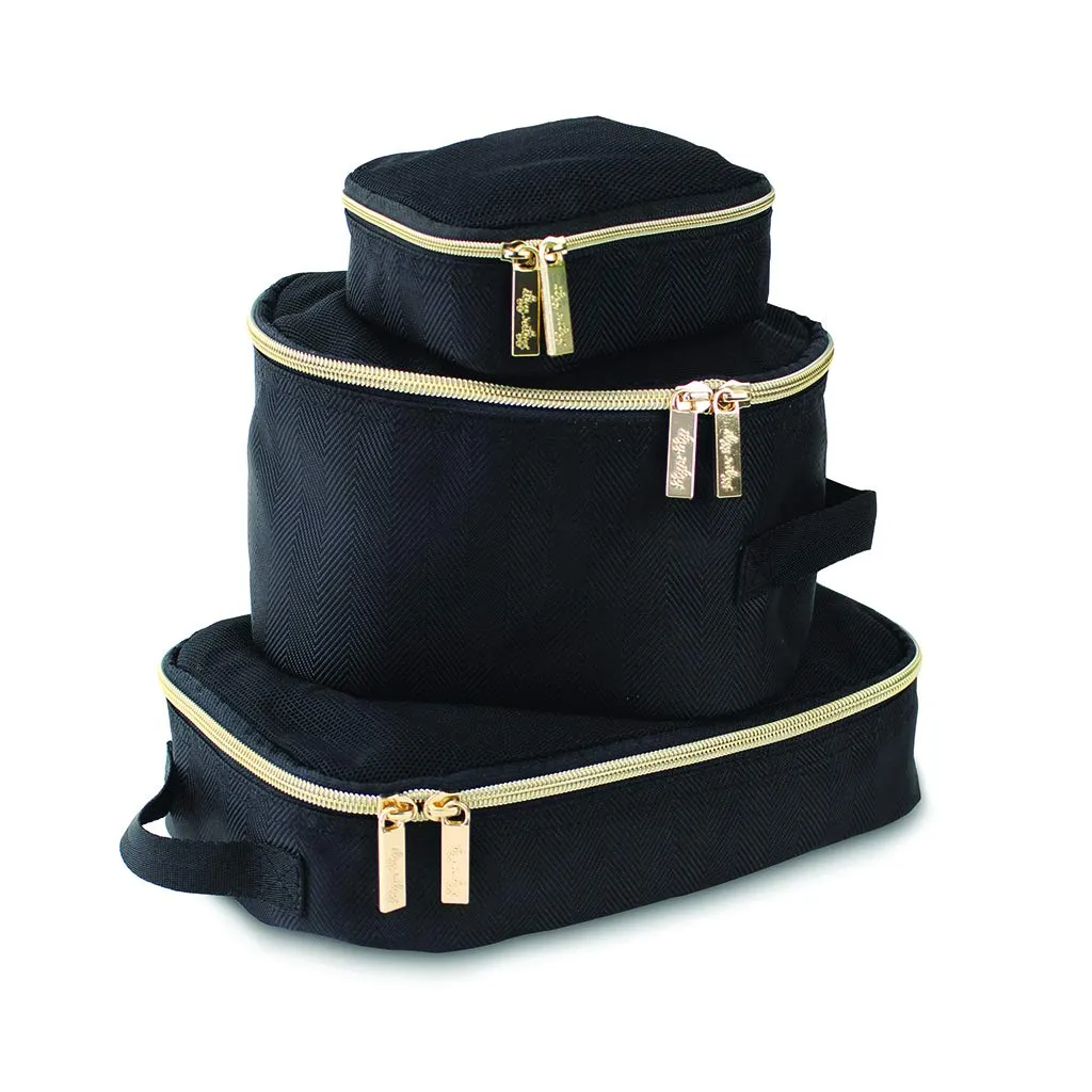 Itzy Ritzy Packing Cubes for Travel – Set of 3 Packing Cubes or Travel Organizers; Each Travel Cube Features a Mesh Top, Double Zippers and a Fabric Handle (Black with Gold Hardware)