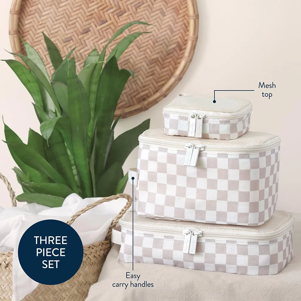 Itzy Ritzy Packing Cubes for Travel – Set of 3 Packing Cubes or Travel Organizers; Each Travel Cube Features a Mesh Top, Double Zippers and a Fabric Handle (Checkerboard)