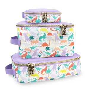Itzy Ritzy Packing Cubes For Travel – Set of 3 Packing Cubes or Travel Organizers; Each Travel Cube Features a Mesh Top, Double Zippers and a Fabric Handle (Purple Dinosaurs)