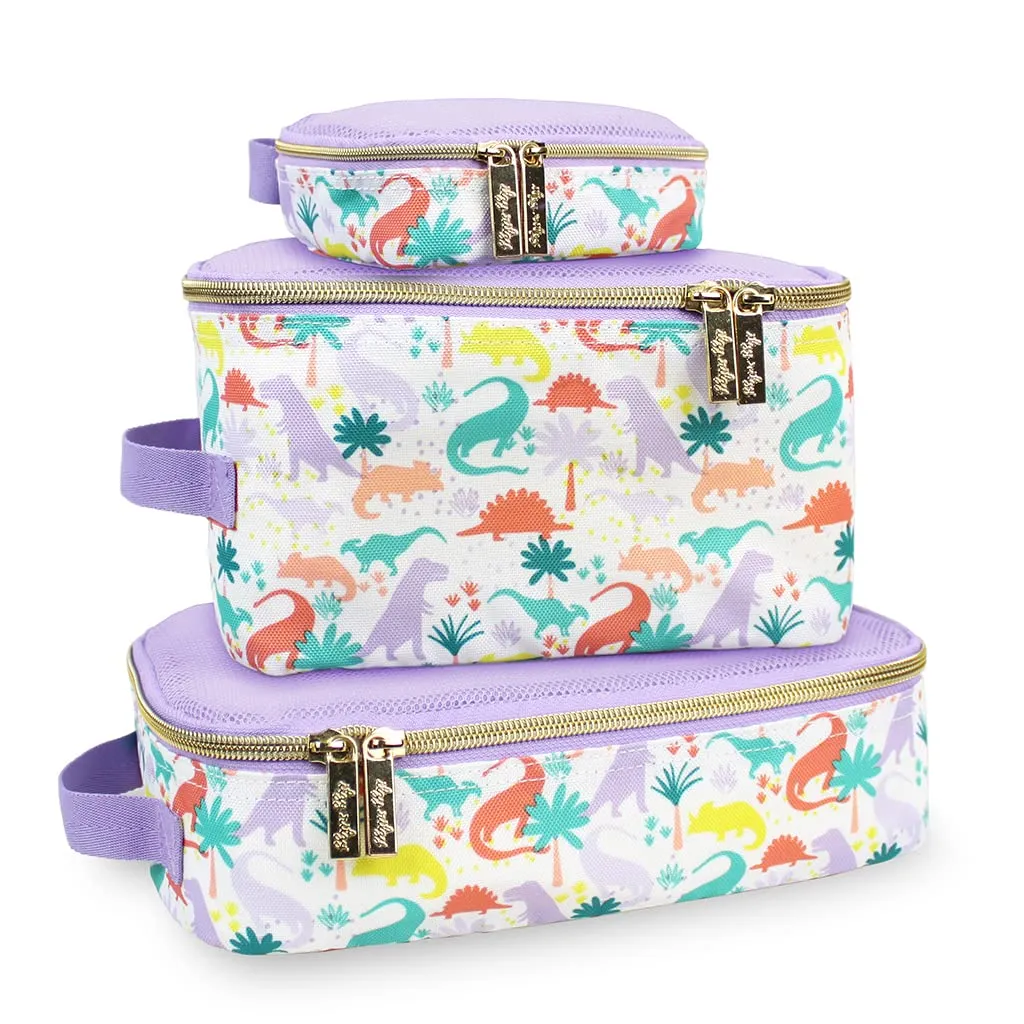 Itzy Ritzy Packing Cubes For Travel – Set of 3 Packing Cubes or Travel Organizers; Each Travel Cube Features a Mesh Top, Double Zippers and a Fabric Handle (Purple Dinosaurs)