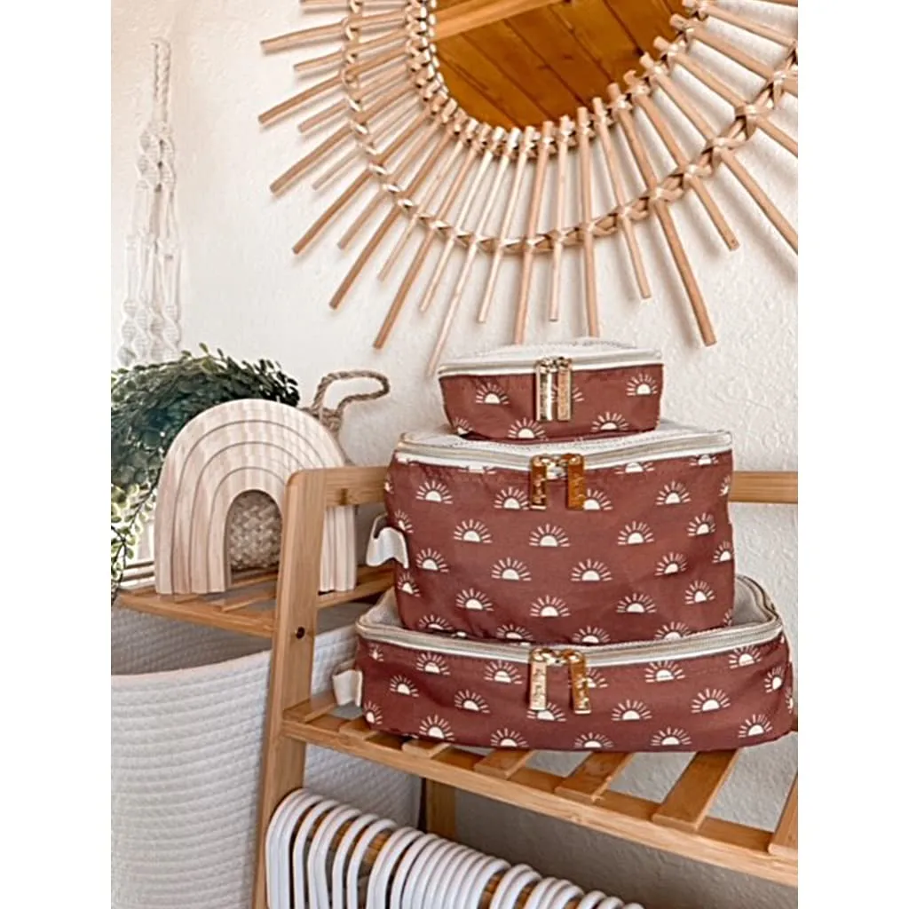 Itzy Ritzy Packing Cubes for Travel – Set of 3 Packing Cubes or Travel Organizers; Each Travel Cube Features a Mesh Top, Double Zippers and a Fabric Handle (Terracotta Sunrise)