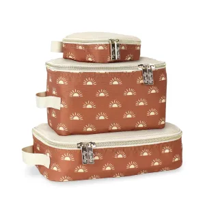 Itzy Ritzy Packing Cubes for Travel – Set of 3 Packing Cubes or Travel Organizers; Each Travel Cube Features a Mesh Top, Double Zippers and a Fabric Handle (Terracotta Sunrise)