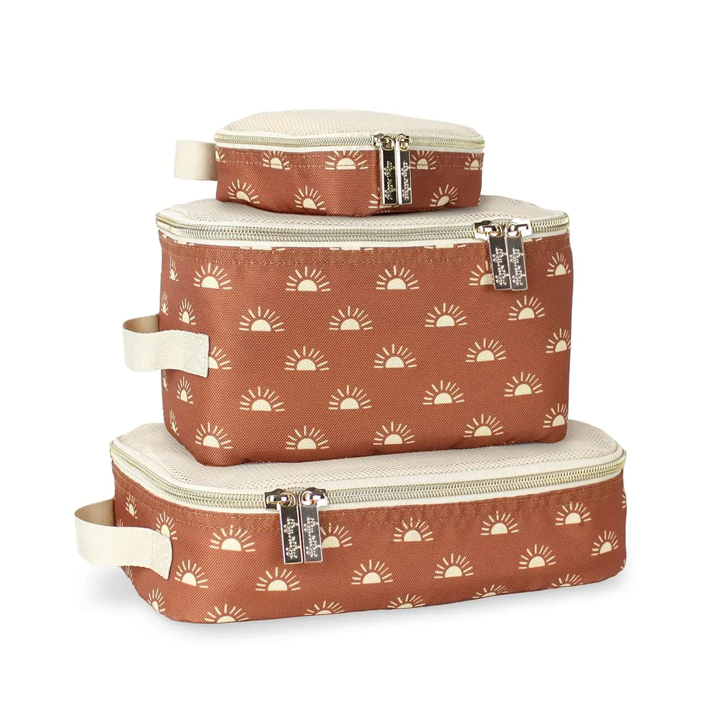 Itzy Ritzy Packing Cubes for Travel – Set of 3 Packing Cubes or Travel Organizers; Each Travel Cube Features a Mesh Top, Double Zippers and a Fabric Handle (Terracotta Sunrise)