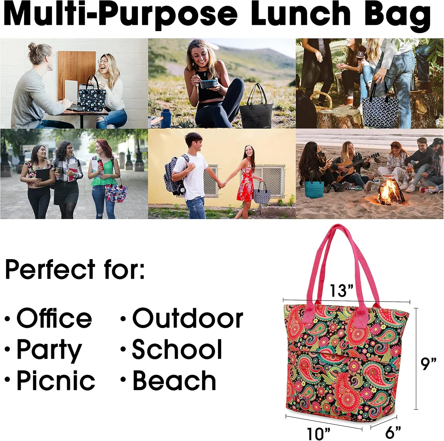 J World Lola Lunch Tote Bag Insulated Lunch-Box for Women & Teen Girls, Classic Paisley