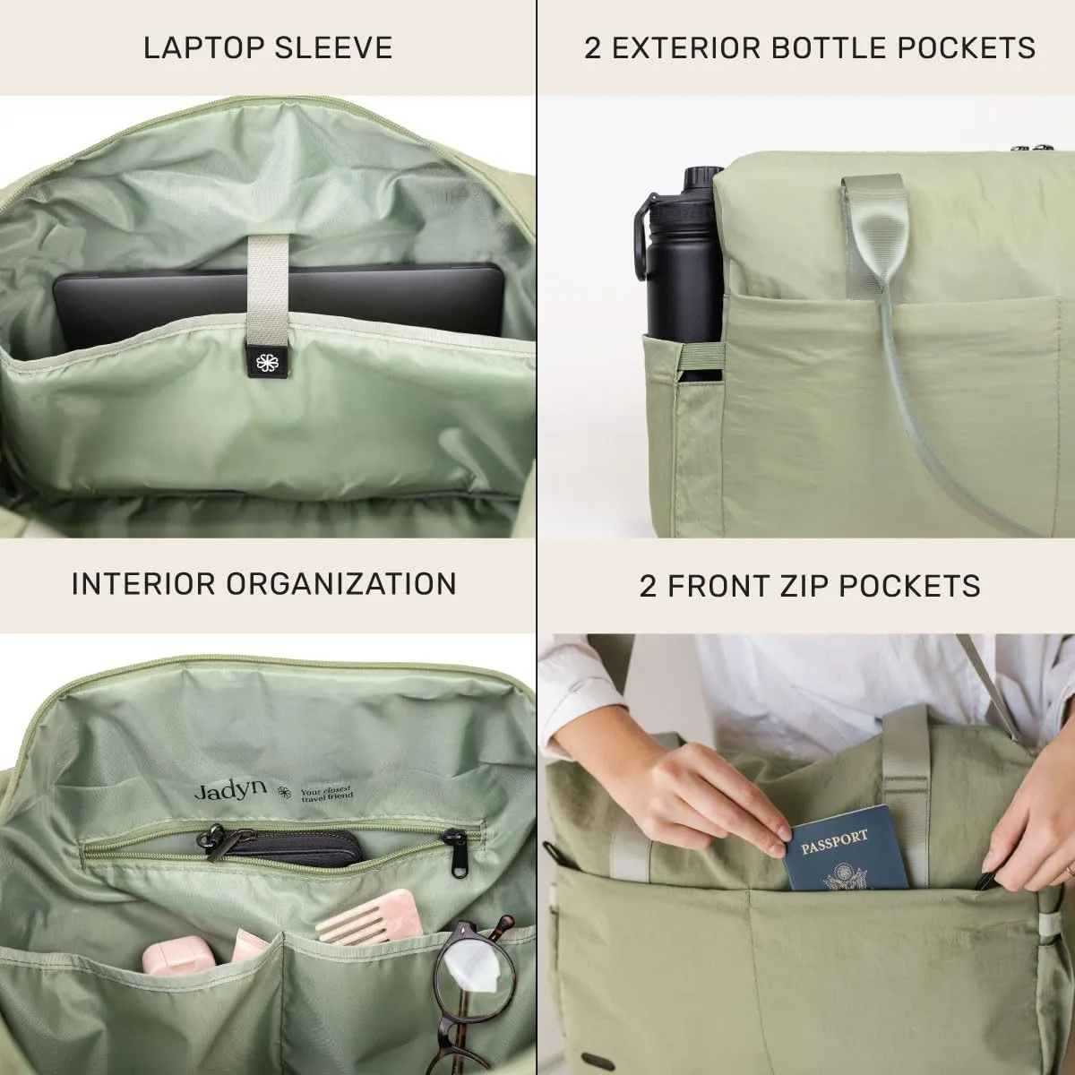 Jadyn Austin Carry-On Travel Duffel Bag for Women, 18” Weekender Bag with Laptop Sleeve, Durable Material, and Trolley Sleeve, Ideal for Work, Gym, and Overnight Trips (Dusty Green)