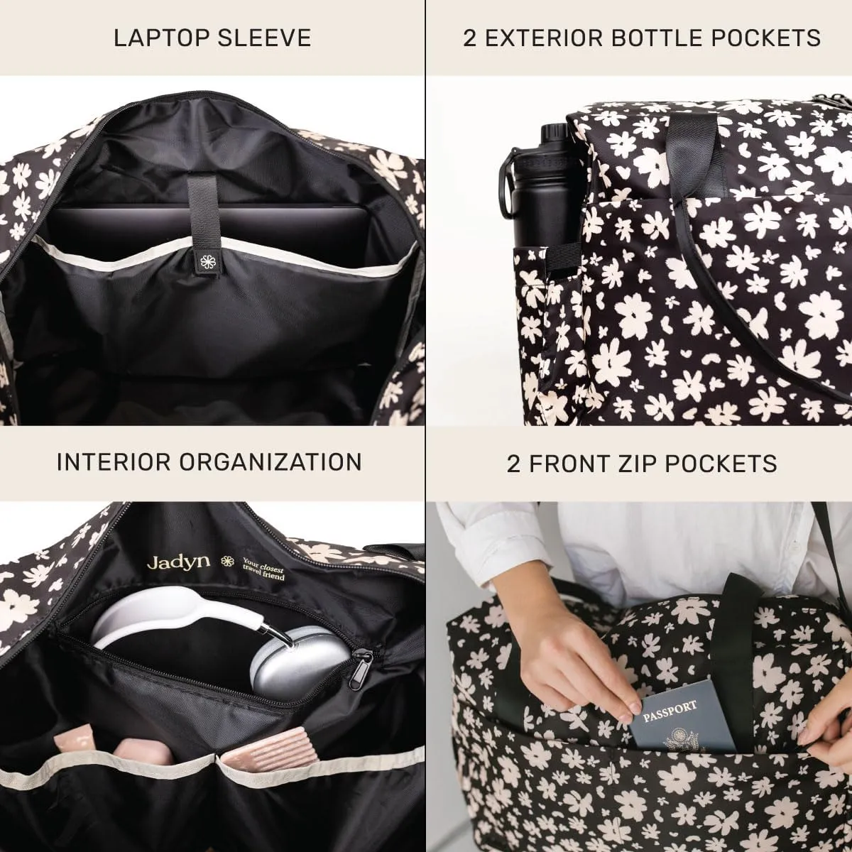 Jadyn Austin Carry-On Travel Duffel Bag for Women, 18” Weekender Bag with Laptop Sleeve, Durable Material, and Trolley Sleeve, Ideal for Work, Gym, and Overnight Trips (Ebony Blossom)