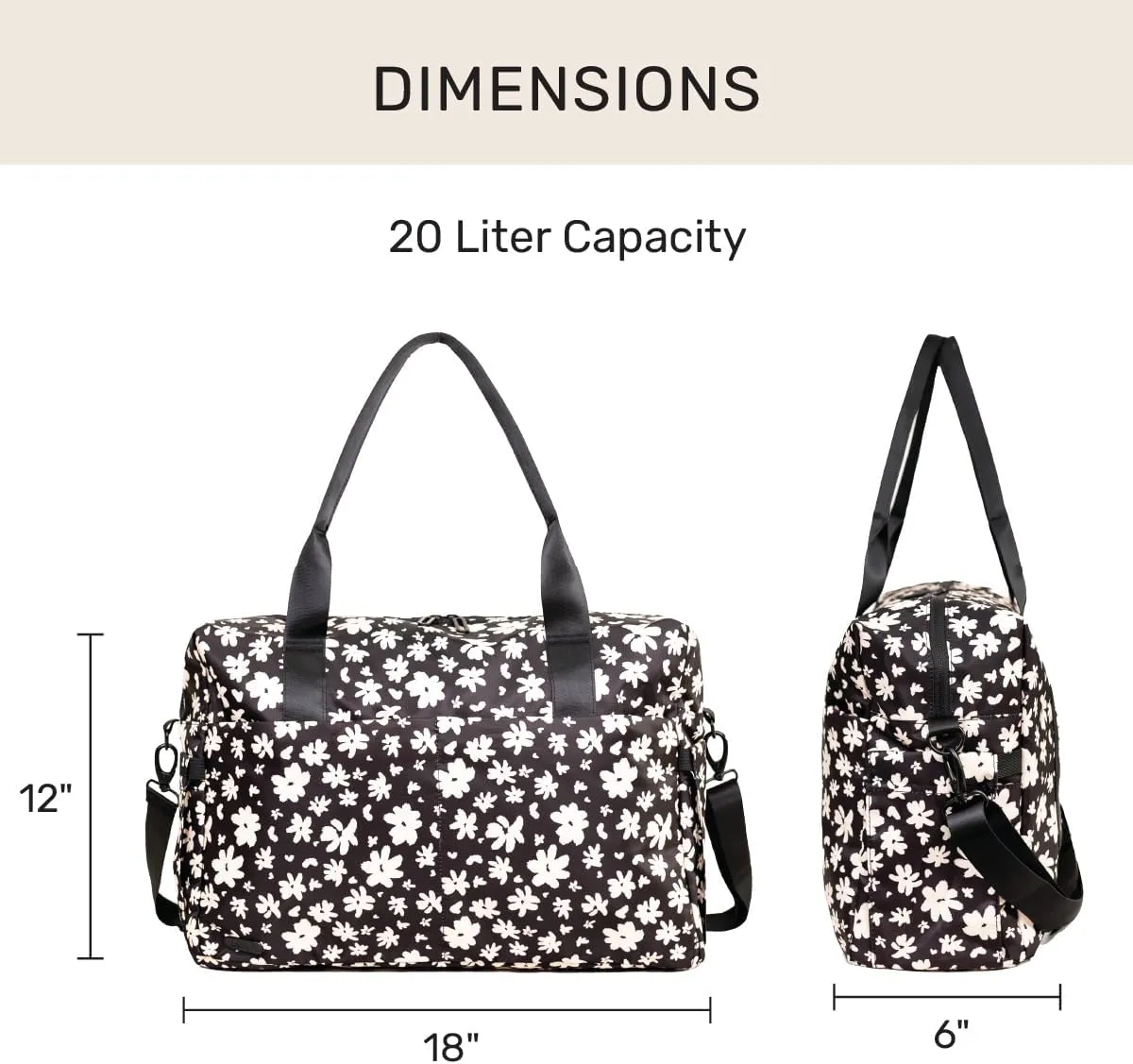 Jadyn Austin Carry-On Travel Duffel Bag for Women, 18” Weekender Bag with Laptop Sleeve, Durable Material, and Trolley Sleeve, Ideal for Work, Gym, and Overnight Trips (Ebony Blossom)