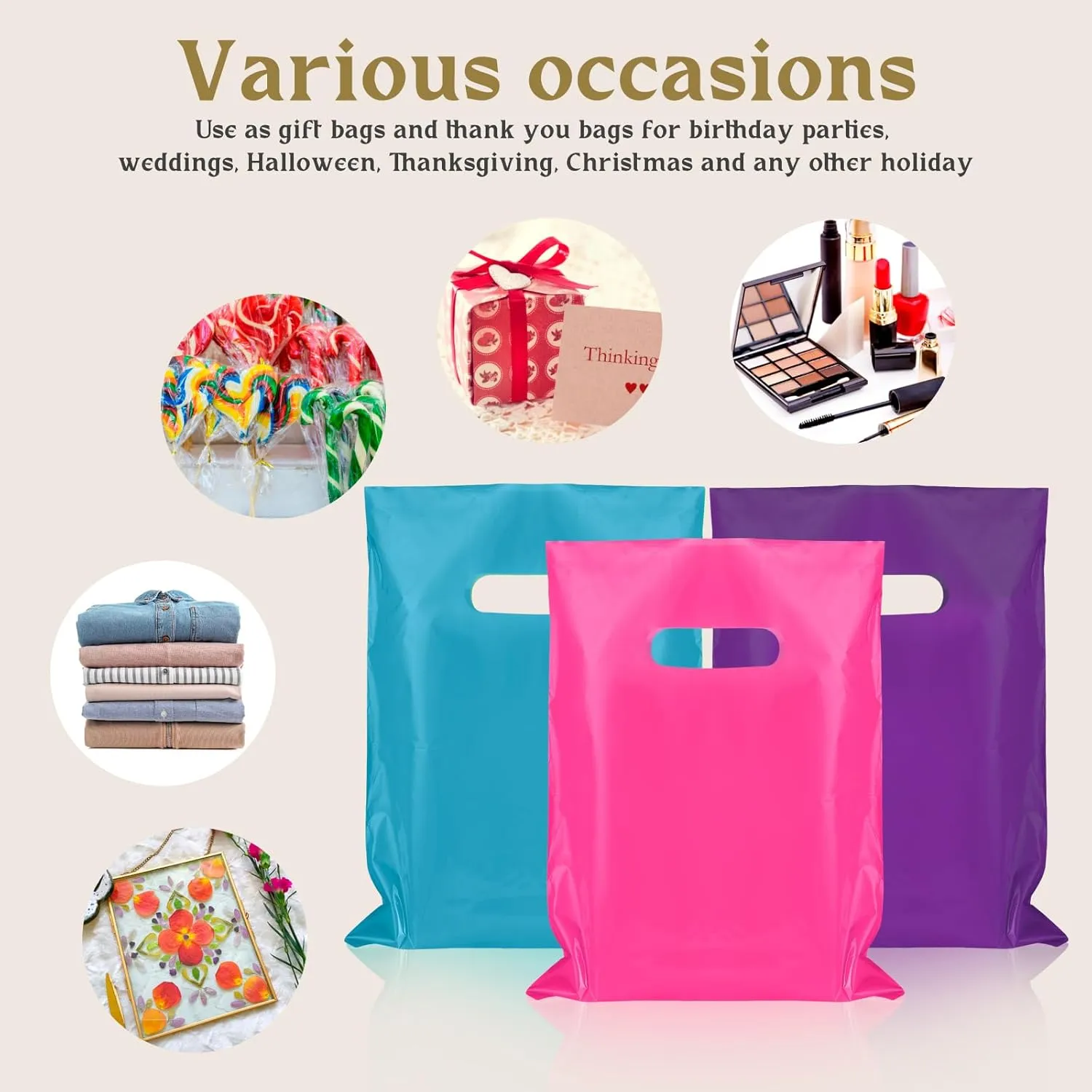 Janlaugh 300 Pcs Merchandise Bags with Die Cut Handle 1.5 Mil 9 x 12 Inch Thick Plastic Glossy Retail and Shopping Bag for Party Favor Gift Boutique(Pink Purple Teal)