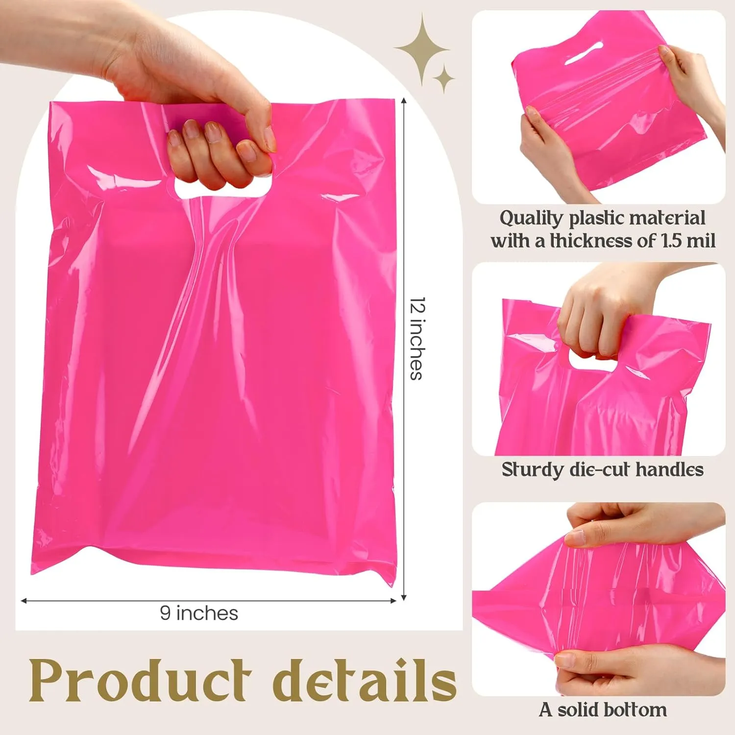 Janlaugh 300 Pcs Merchandise Bags with Die Cut Handle 1.5 Mil 9 x 12 Inch Thick Plastic Glossy Retail and Shopping Bag for Party Favor Gift Boutique(Pink Purple Teal)