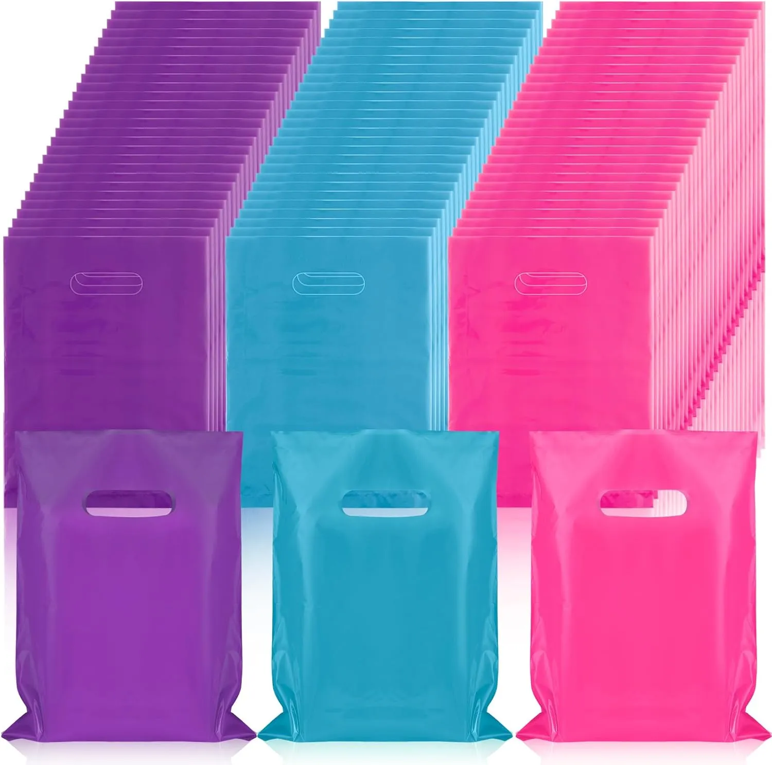 Janlaugh 300 Pcs Merchandise Bags with Die Cut Handle 1.5 Mil 9 x 12 Inch Thick Plastic Glossy Retail and Shopping Bag for Party Favor Gift Boutique(Pink Purple Teal)