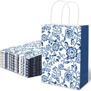 JarThenaAMCS 24Pcs Blue White Floral Paper Gift Bags - Vintage Flower Party Favor With Handle - Chinoiserie Goodie Candy Treat for Wedding Birthday Party Supplies
