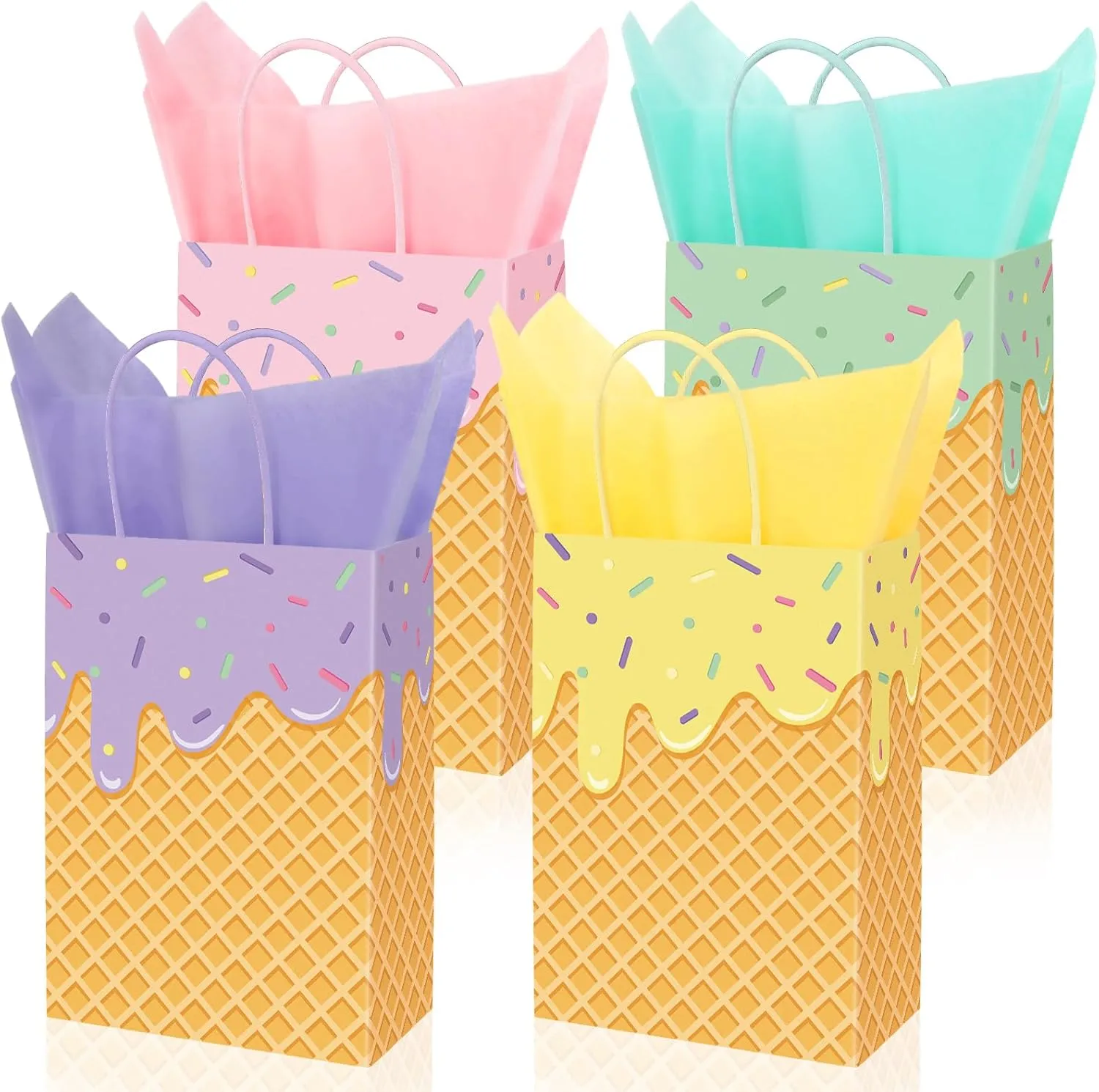JarThenaAMCS 24Pcs Ice Cream Paper Bags with 40 Sheets Tissue Paper Colorful Candy Treat Bags with Handles for Summer Birthday Baby Shower Party Favors Supplies
