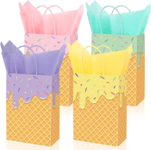 JarThenaAMCS 24Pcs Ice Cream Paper Bags with 40 Sheets Tissue Paper Colorful Candy Treat Bags with Handles for Summer Birthday Baby Shower Party Favors Supplies