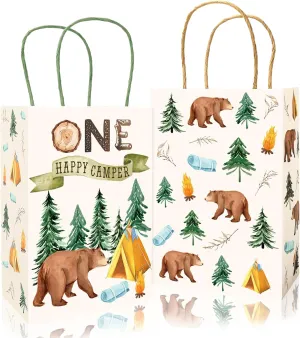 JarThenaAMCS 24Pcs One Happy Camper Paper Gift Bags Camping First Birthday Treat Bags with Handles Forest Bear Candy Goodie Bags for Baby Shower Party Supplies