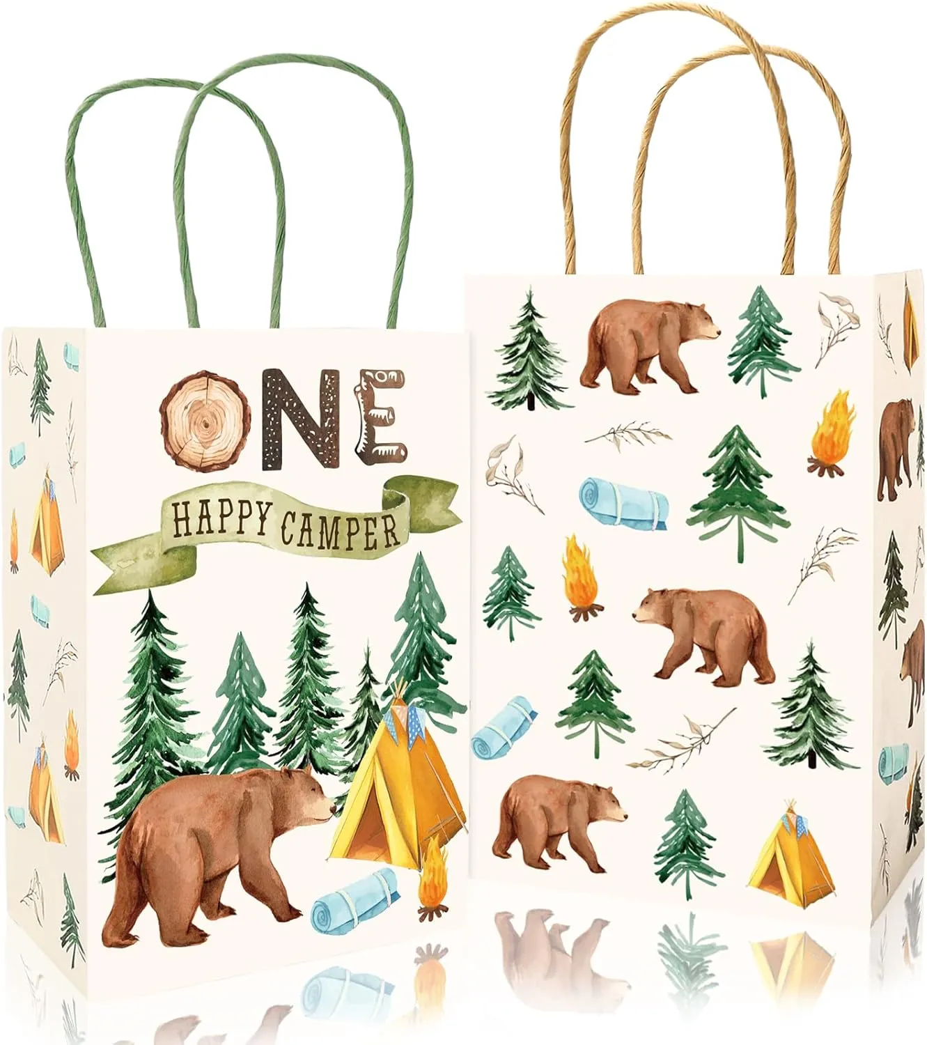 JarThenaAMCS 24Pcs One Happy Camper Paper Gift Bags Camping First Birthday Treat Bags with Handles Forest Bear Candy Goodie Bags for Baby Shower Party Supplies