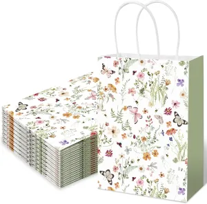 JarThenaAMCS 24Pcs Wildflower Paper Gift Bags Spring Floral Butterfly Candy Goodie Treat Bags with Handle for Wedding Baby Shower Party Favor Supplies