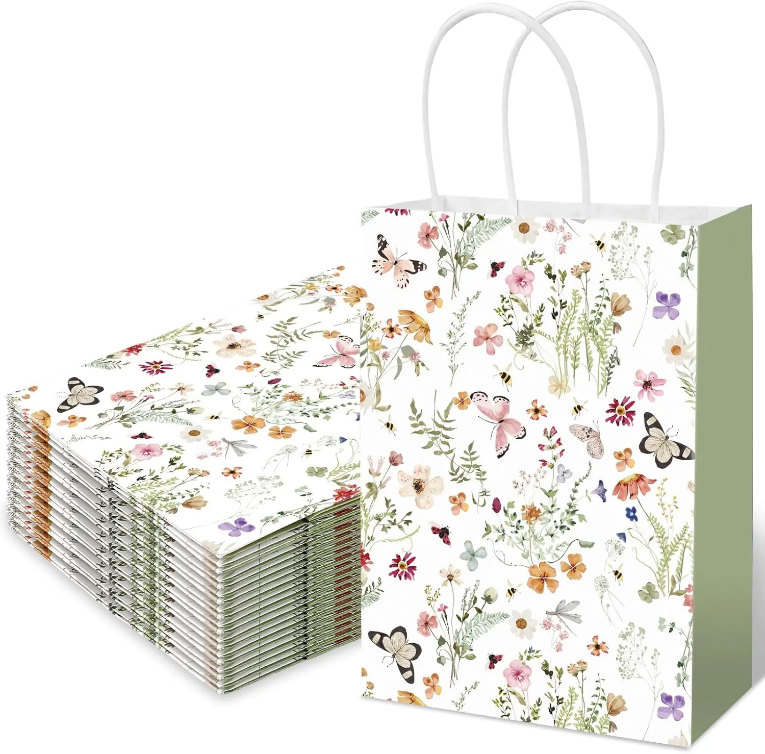 JarThenaAMCS 24Pcs Wildflower Paper Gift Bags Spring Floral Butterfly Candy Goodie Treat Bags with Handle for Wedding Baby Shower Party Favor Supplies
