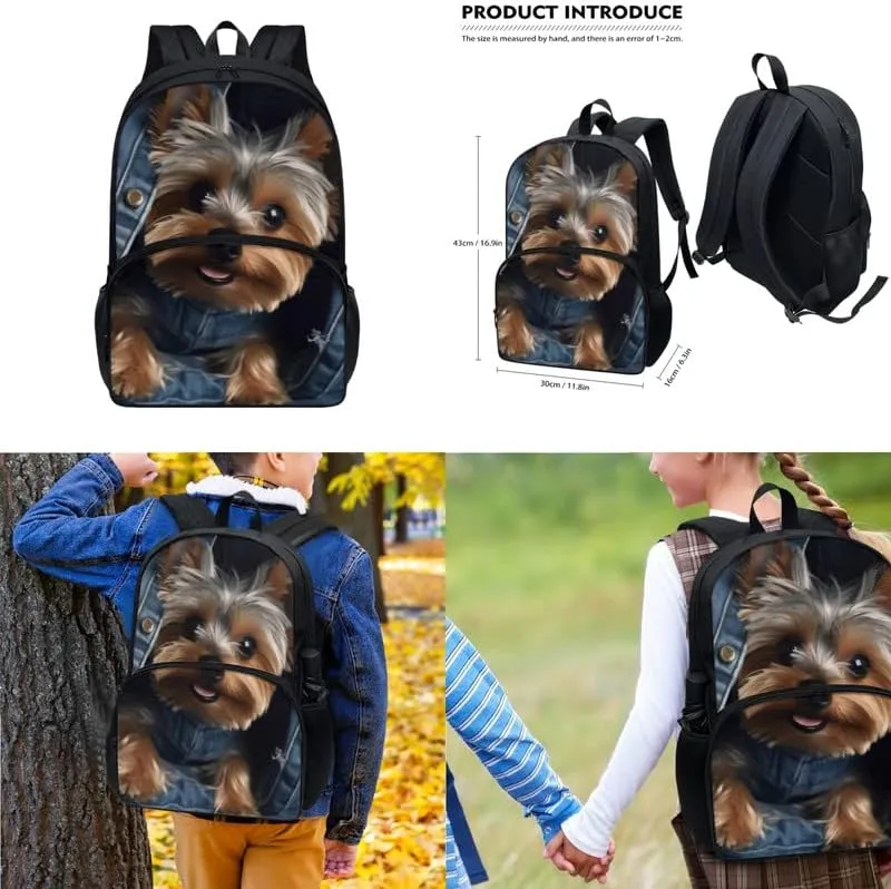 Jeans Pocket Yorkshire Terrier 3-Pcs Casual Daypack Set Middle School Durable Knapsack with Lunch Bag Pencil Bag Fits 12 inch Macbook/Laptop Bag Gifts for Men & Women