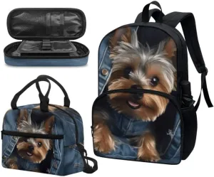 Jeans Pocket Yorkshire Terrier 3-Pcs Casual Daypack Set Middle School Durable Knapsack with Lunch Bag Pencil Bag Fits 12 inch Macbook/Laptop Bag Gifts for Men & Women