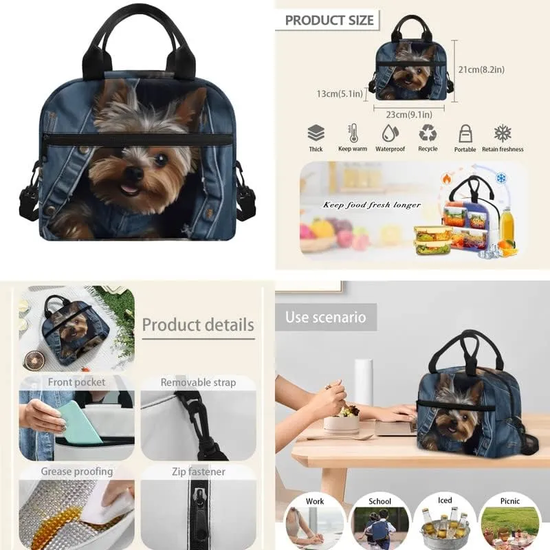 Jeans Pocket Yorkshire Terrier 3-Pcs Casual Daypack Set Middle School Durable Knapsack with Lunch Bag Pencil Bag Fits 12 inch Macbook/Laptop Bag Gifts for Men & Women