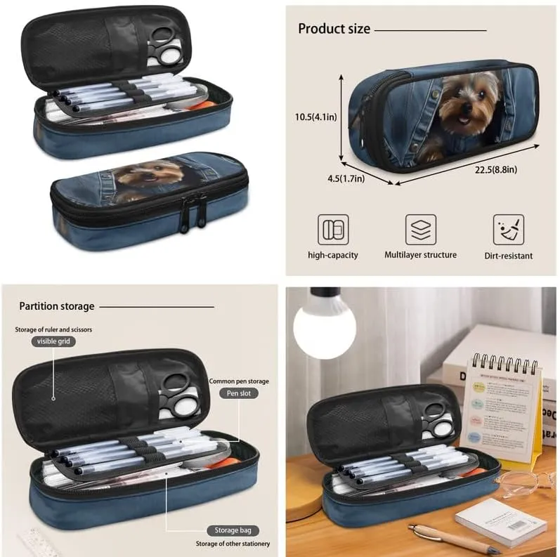 Jeans Pocket Yorkshire Terrier 3-Pcs Casual Daypack Set Middle School Durable Knapsack with Lunch Bag Pencil Bag Fits 12 inch Macbook/Laptop Bag Gifts for Men & Women