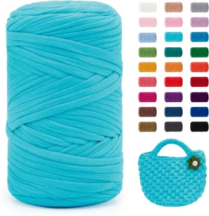JeogYong T-Shirt Yarn, 400g/131 Yards Elastic Fabric Crochet Cloth T Shirt Yarn, Thick Hand Knitting Polyester Fabric Ribbon for Crocheting Bags/Baskets/Rugs, Home Decor, DIY Crafts (Aqua Blue)