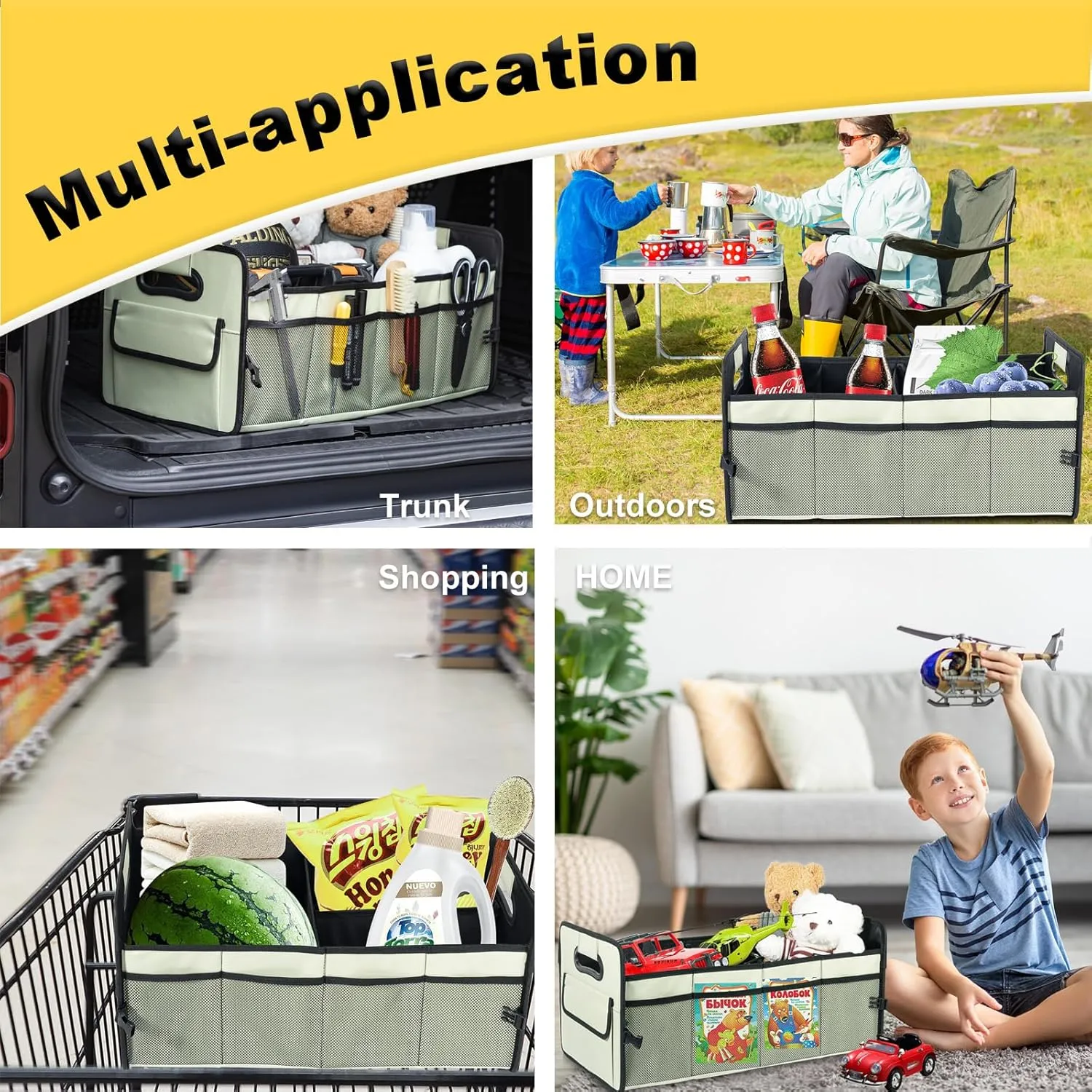 JiatuA Car Trunk Organizer, Car Organizers and Storage Collapsible Multi Compartment Container Box, Adjustable Car Accessories for SUV Sedan Truck, Standard Size, Light Green