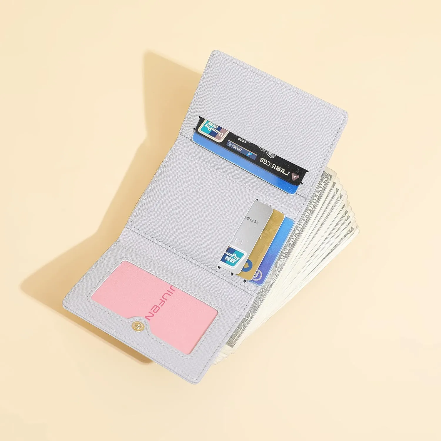 JIUFENG Women's RFID Blocking Short Wallet Multi Purpose Zipper Folded Purses Coins Pouches Multi-card Position Card Organizer (Gray)