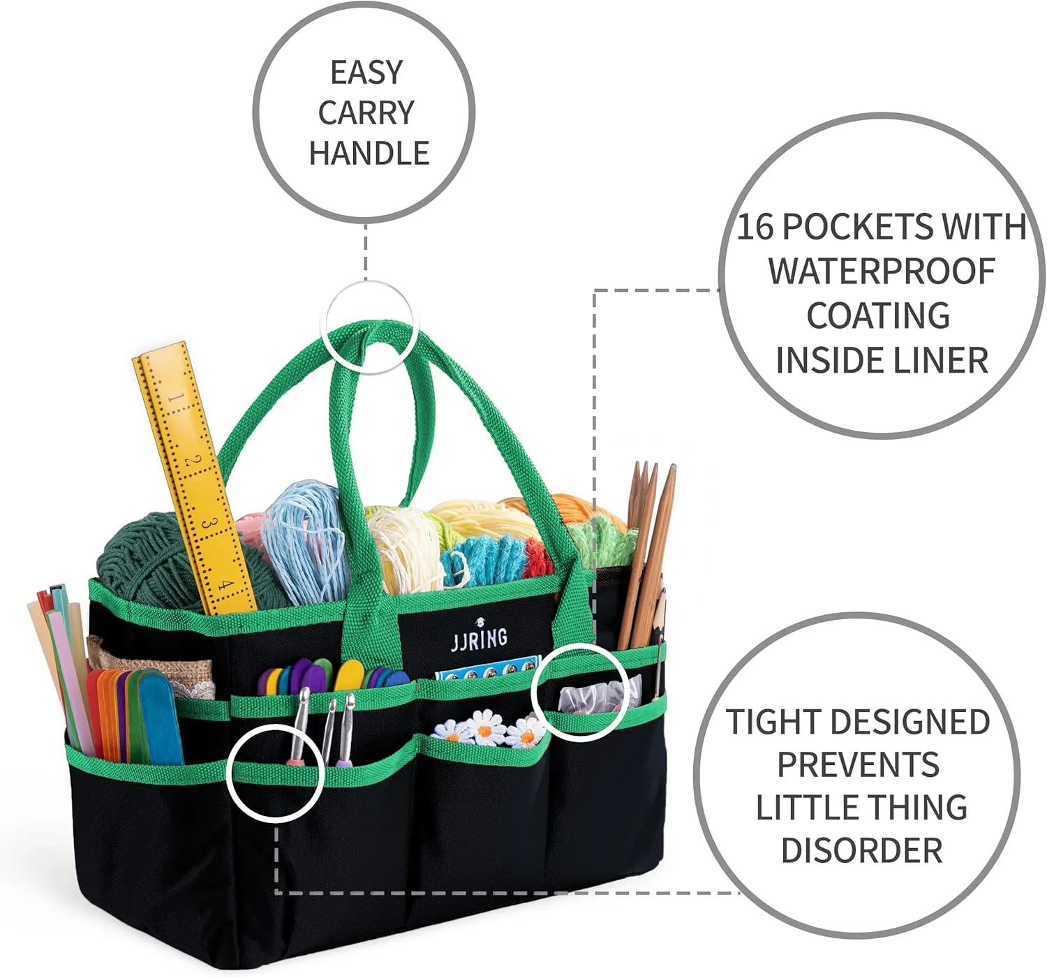 Jjring Craft and Art Organizer Tote Bag - 600D Green Nylon Fabric Art Caddy with Pockets - for Art, Craft, Sewing, Medical, and Office Supplies Storage
