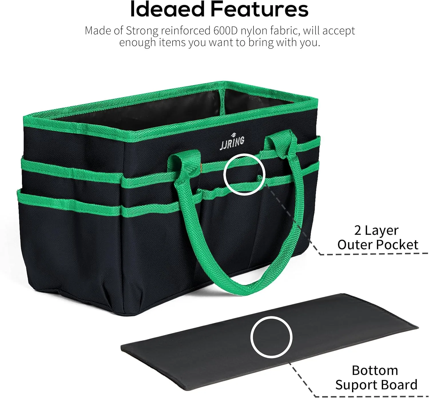 Jjring Craft and Art Organizer Tote Bag - 600D Green Nylon Fabric Art Caddy with Pockets - for Art, Craft, Sewing, Medical, and Office Supplies Storage