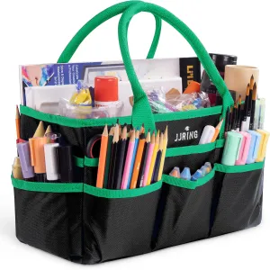 Jjring Craft and Art Organizer Tote Bag - 600D Green Nylon Fabric Art Caddy with Pockets - for Art, Craft, Sewing, Medical, and Office Supplies Storage