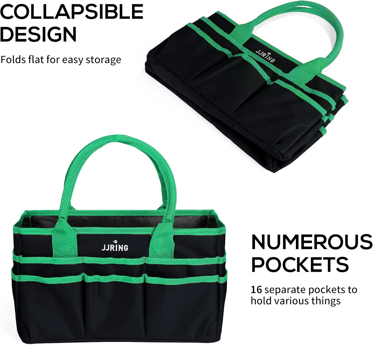 Jjring Craft and Art Organizer Tote Bag - 600D Green Nylon Fabric Art Caddy with Pockets - for Art, Craft, Sewing, Medical, and Office Supplies Storage