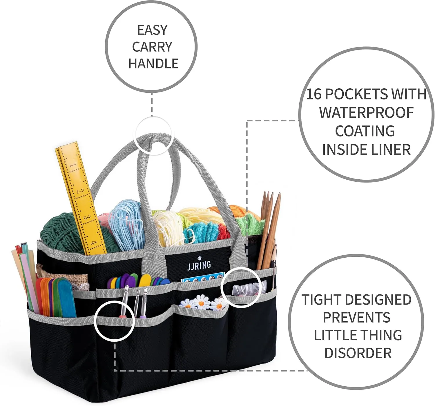 Jjring Craft and Art Organizer Tote Bag - 600D Silver Nylon Fabric Art Caddy with Pockets - for Art, Craft, Sewing, Medical, and Office Supplies Storage
