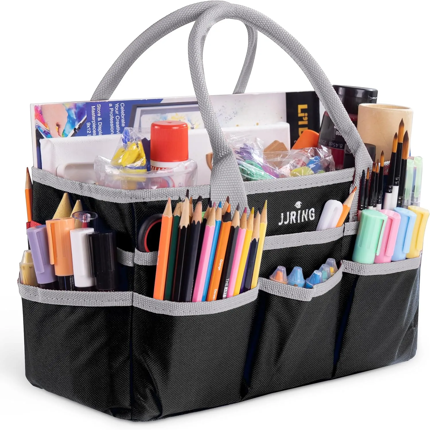 Jjring Craft and Art Organizer Tote Bag - 600D Silver Nylon Fabric Art Caddy with Pockets - for Art, Craft, Sewing, Medical, and Office Supplies Storage