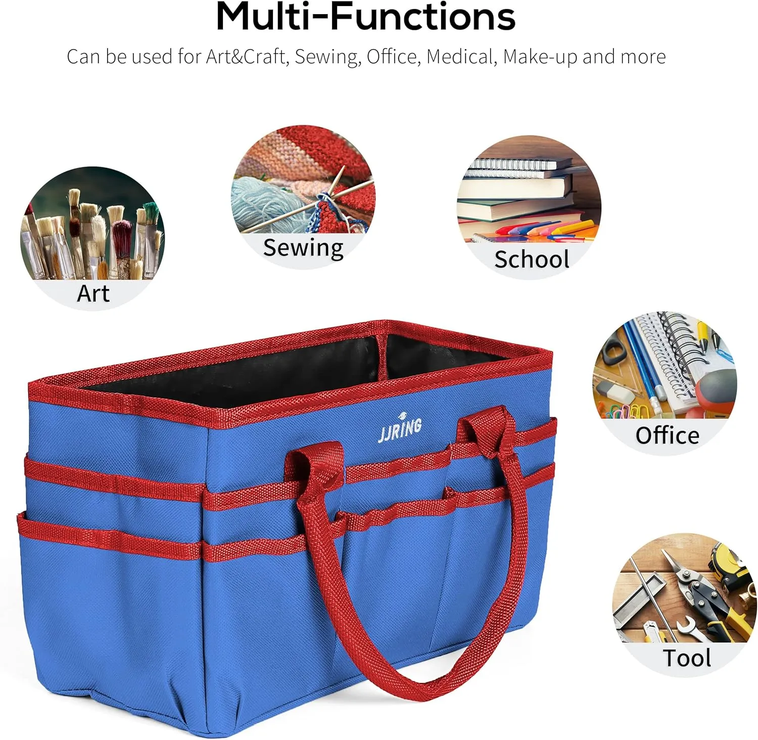 JJRING Craft and Art Tote - 600D Blue Nylon Fabric Art Sewing Organizer Bag with Pockets - for Craft, Scrapbooking, Medical, and Office Supplies Storage