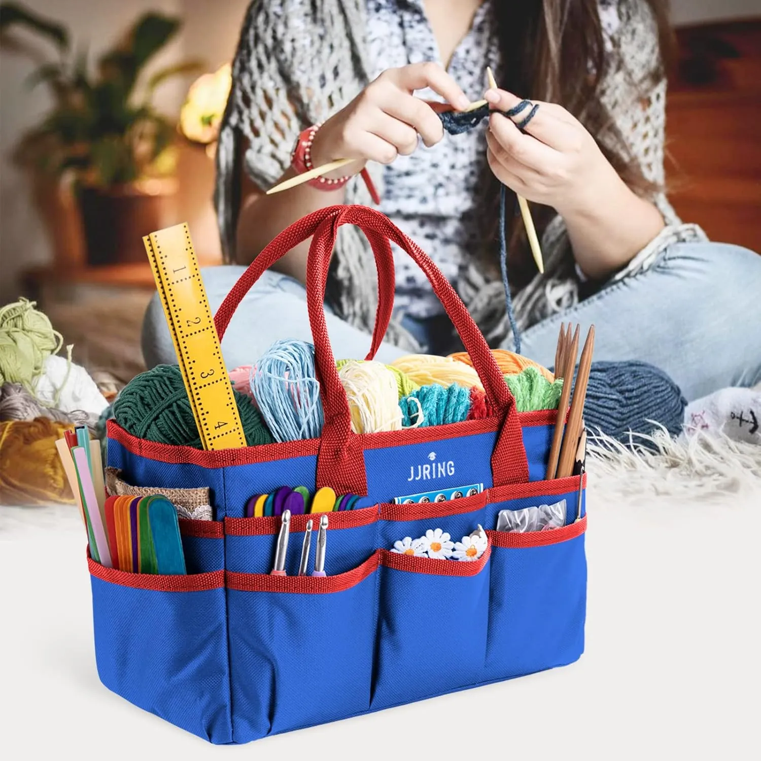 JJRING Craft and Art Tote - 600D Blue Nylon Fabric Art Sewing Organizer Bag with Pockets - for Craft, Scrapbooking, Medical, and Office Supplies Storage