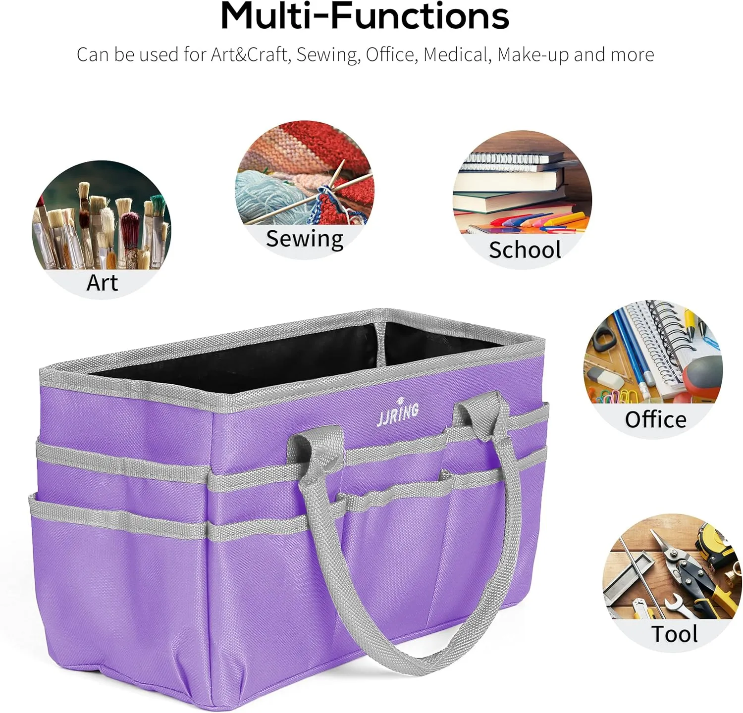 JJRING Craft and Art Tote - 600D Purple Nylon Fabric Art Sewing Organizer Bag with Pockets - for Craft, Scrapbooking, Medical, and Office Supplies Storage
